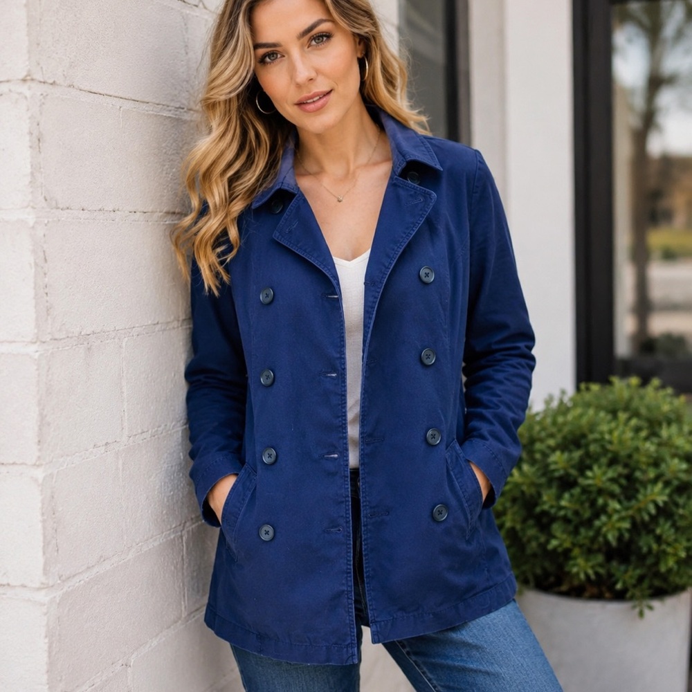 Gap Coat Women M Medium Blue Button Up Collared Long Sleeve Pockets Casual